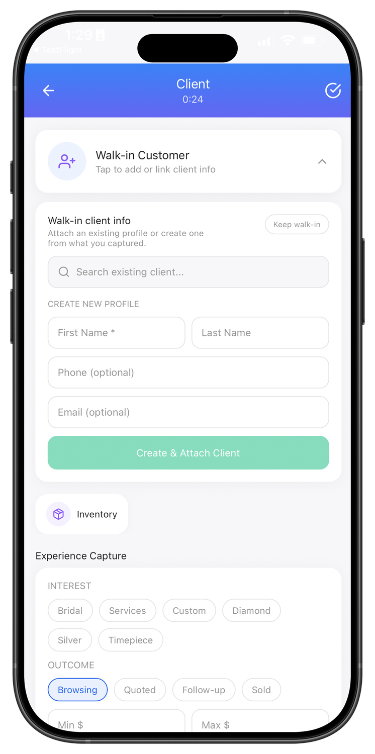 JewelLink client capture workflow