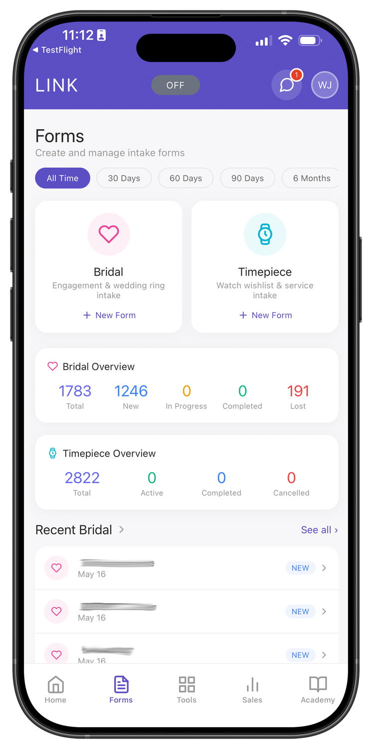 JewelLink mobile forms dashboard