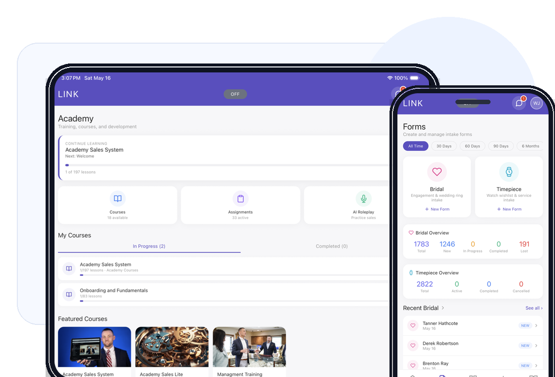 JewelLink academy and intake forms on tablet and phone